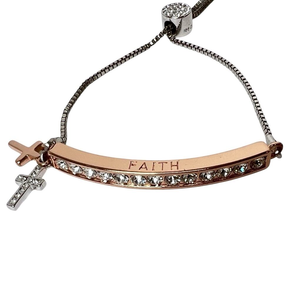 IBB CN Rose Gold Faith Bracelet Sparkle Crystals Crosses Adjustable Slider